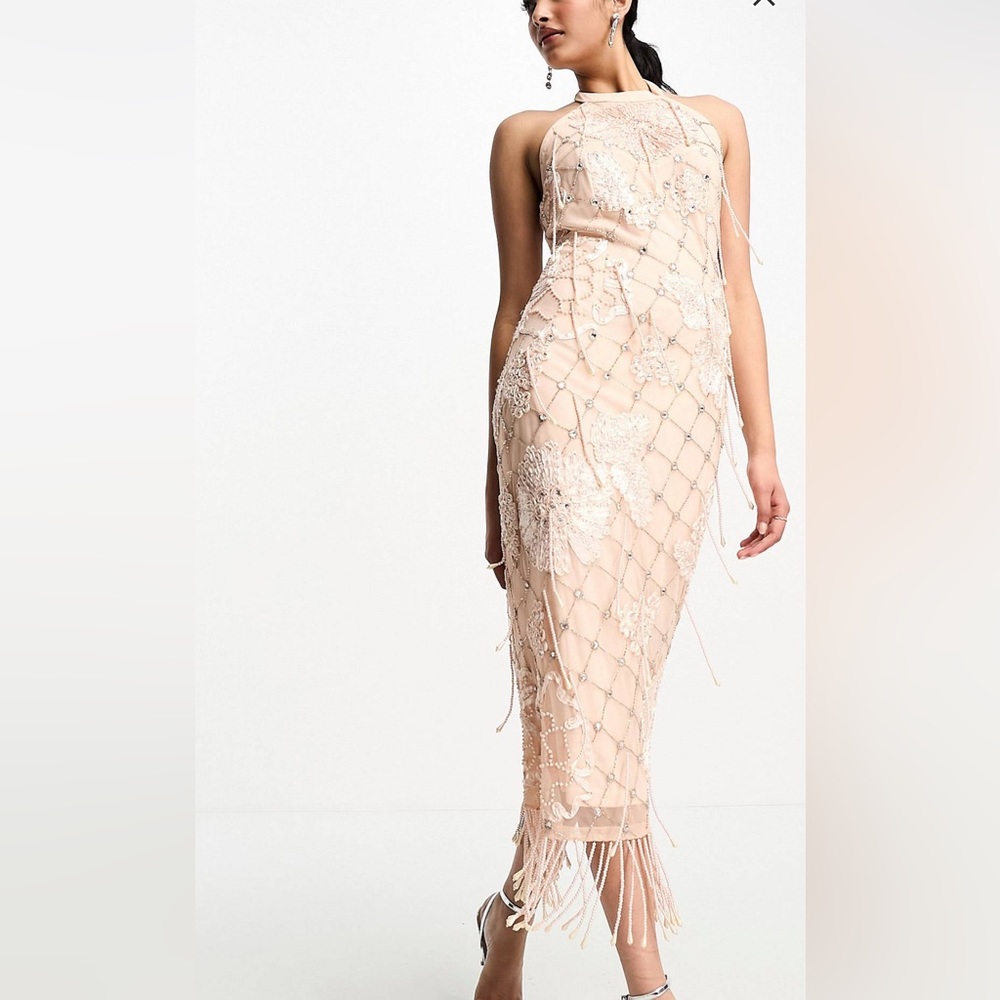ASOS design high neck appliqué mesh midi dress in peach